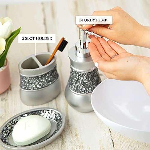 Creative Scents Crackled Glass Silver Bathroom Accessory Set - 4 Piece Bathroom Sets Accessories Included: Soap Dispenser, Toothbrush Holder, Tumbler and Soap Dish - Image 3