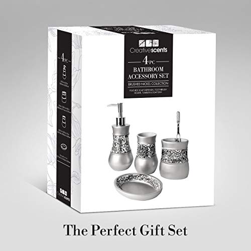 Creative Scents Crackled Glass Silver Bathroom Accessory Set - 4 Piece Bathroom Sets Accessories Included: Soap Dispenser, Toothbrush Holder, Tumbler and Soap Dish - Image 5