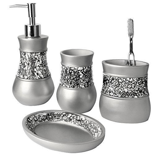 Creative Scents Crackled Glass Silver Bathroom Accessory Set - 4 Piece Bathroom Sets Accessories Included: Soap Dispenser, Toothbrush Holder, Tumbler and Soap Dish - Image 1