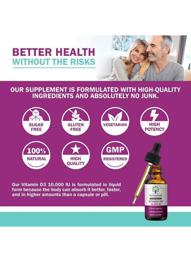 NatureGenX - Liquid Vitamin D3 10000 Iu Drops Supplements For Best Absorption Vit D Support Bone Strength Immunity Boost Heart Health For Adults Gluten Free Orange Flavor 30Ml - Image 1