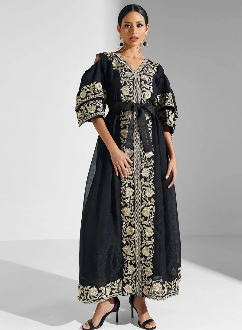 hayas closet Embroidered Black Maxi Dress