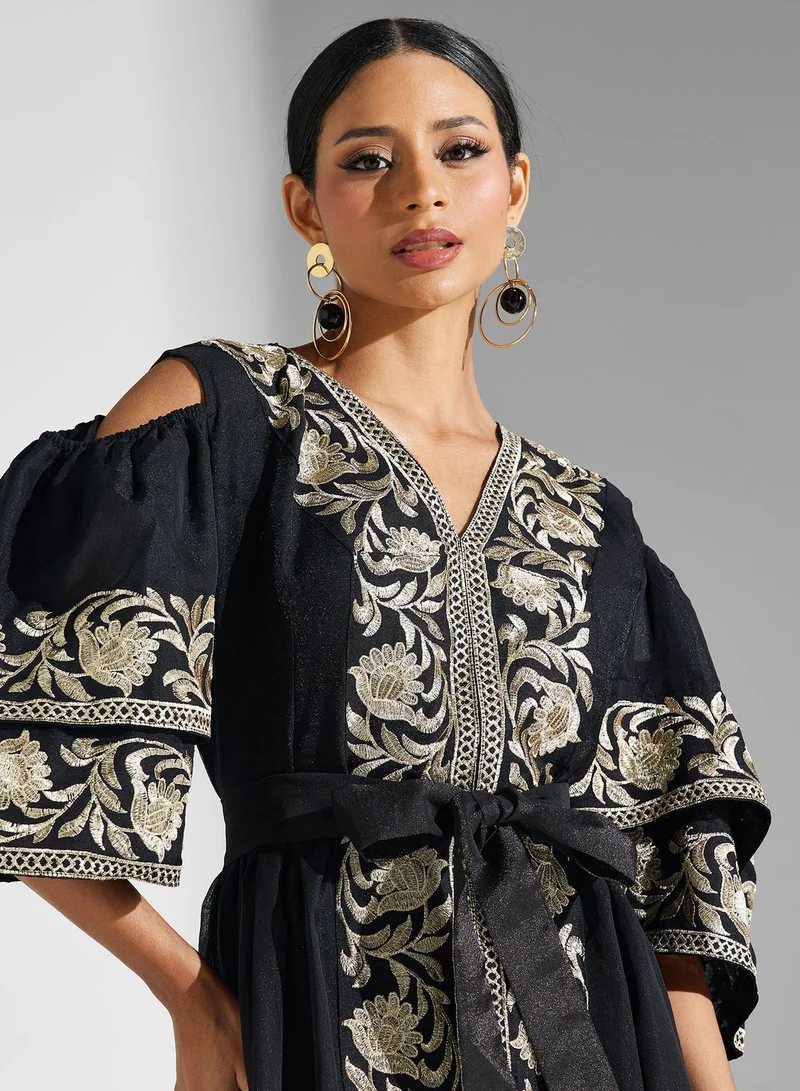 hayas closet Embroidered Black Maxi Dress