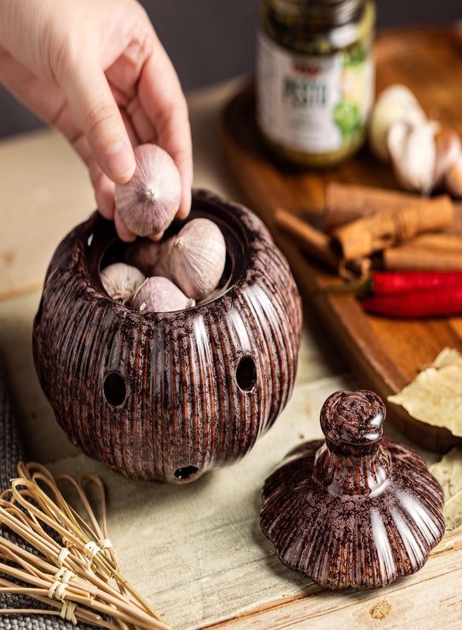 Cormomu Ceramic Garlic Keeper with Lid, Large Garlic Storage Pod, Garlic Container for Kitchen Counter - Image 2