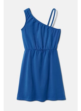 Tchibo Kids Girl Plain Asymmetric Neckline Mini Dress, Blue  - Image 1