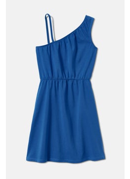 Tchibo Kids Girl Plain Asymmetric Neckline Mini Dress, Blue  - Image 2
