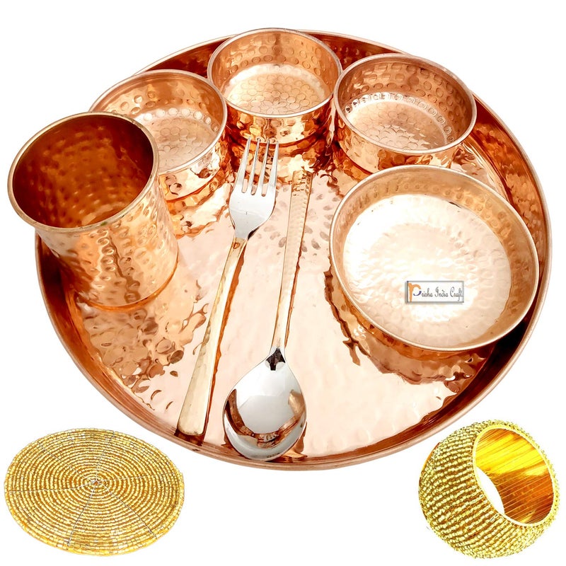 Prisha India Craft Prisha India Craft Hammered Pure Copper Dinner Thali Set 32 Pieces Service for 4 Brown  - Image 3