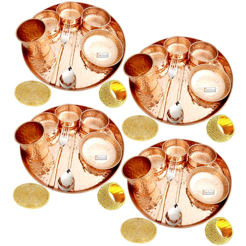 Prisha India Craft Prisha India Craft Hammered Pure Copper Dinner Thali Set 32 Pieces Service for 4 Brown  - Image 1