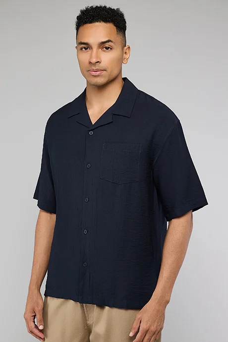 أر أند بي Crinkled Shirt with Revere Collar and Short Sleeves