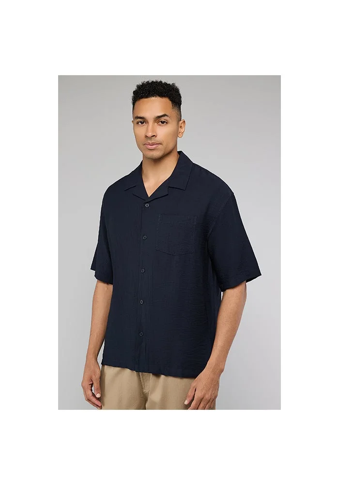 أر أند بي Crinkled Shirt with Revere Collar and Short Sleeves