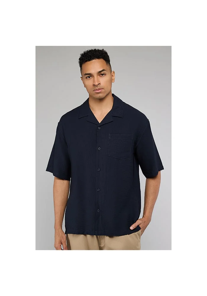 أر أند بي Crinkled Shirt with Revere Collar and Short Sleeves