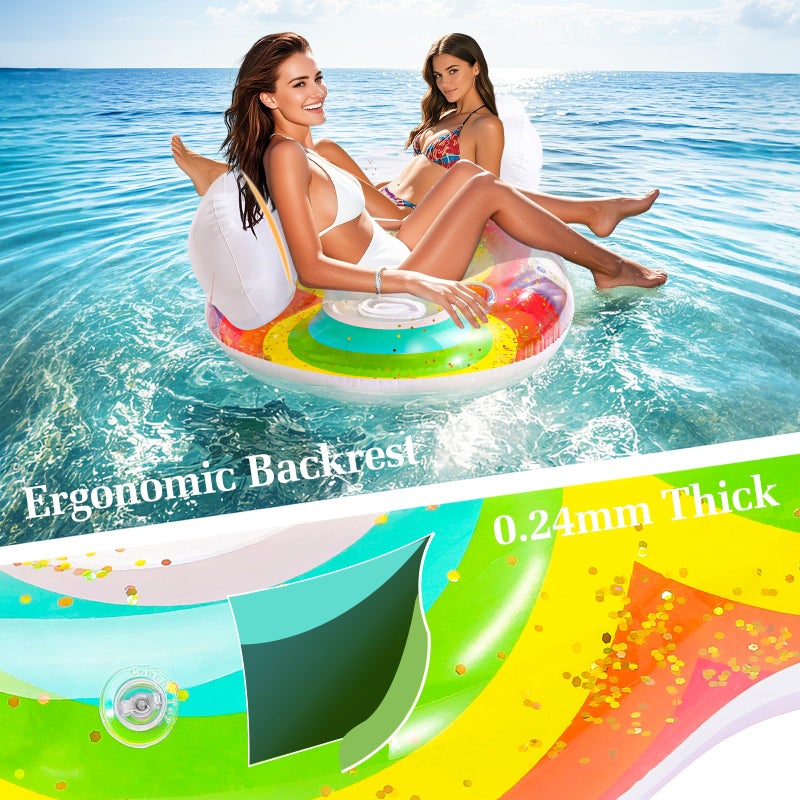 HeySplash Pool Floats Adult, 2 Seat Inflatable Rainbow Float with Cloud Backrests and Handles, Pool Float with Cup Holders for Family/Friends/Couple, Pool Float Chair for Beaches, Lakes, Pool Parties - Image 3