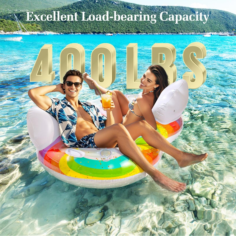 HeySplash Pool Floats Adult, 2 Seat Inflatable Rainbow Float with Cloud Backrests and Handles, Pool Float with Cup Holders for Family/Friends/Couple, Pool Float Chair for Beaches, Lakes, Pool Parties - Image 2
