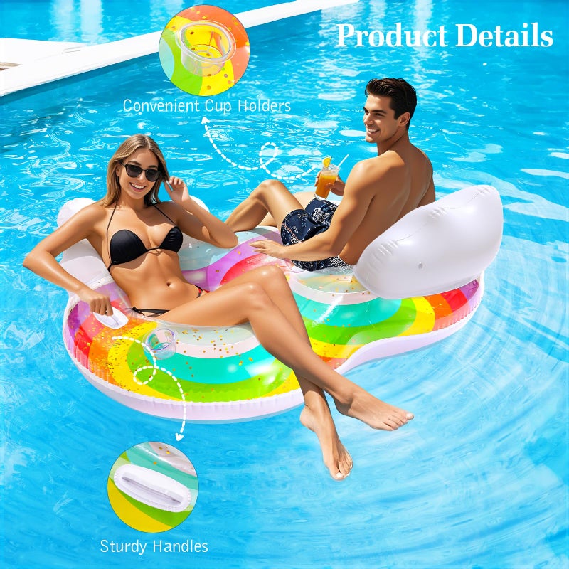 HeySplash Pool Floats Adult, 2 Seat Inflatable Rainbow Float with Cloud Backrests and Handles, Pool Float with Cup Holders for Family/Friends/Couple, Pool Float Chair for Beaches, Lakes, Pool Parties - Image 5