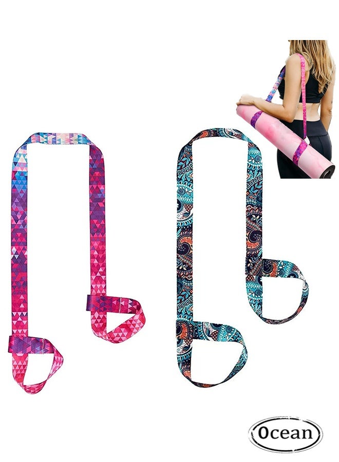 JS 2 Pcs Vintage Print Yoga Mat Strap Sling, Adjustable Thick Yoga Mat Carrier Stretching Strap, Yoga Mat Sling Holder Women Stretching Band - Image 1
