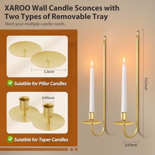 XAROO Gold Candle Sconces Set of 2, Taper & Pillar Wall Candle Holder, Wall Candle Sconces Set of Two, Decor for Entryway, Fireplace, Living Room - Image 3