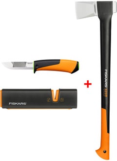 Fiskars Splitting Axe Xl X25 + Heavy Duty Knife with Sharpener + Axe and Knife Sharpener 