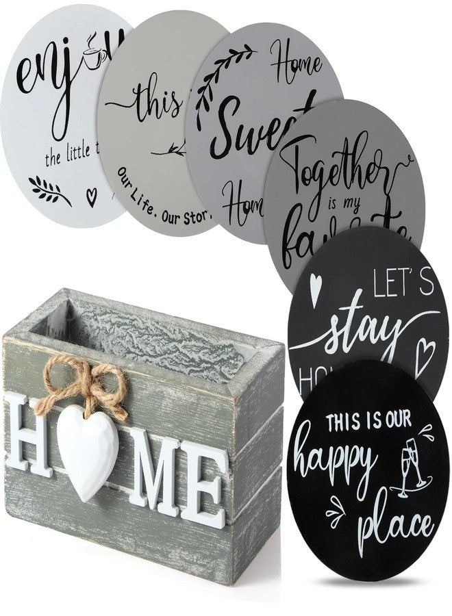 Queekay Housewarming Gifts for Home Decoration Wooden Heart Coasters for Drinks 6 Set Farmhouse Coasters with Holder Funny for Family Coffee Table Protection, 4''(Gray) - Image 1