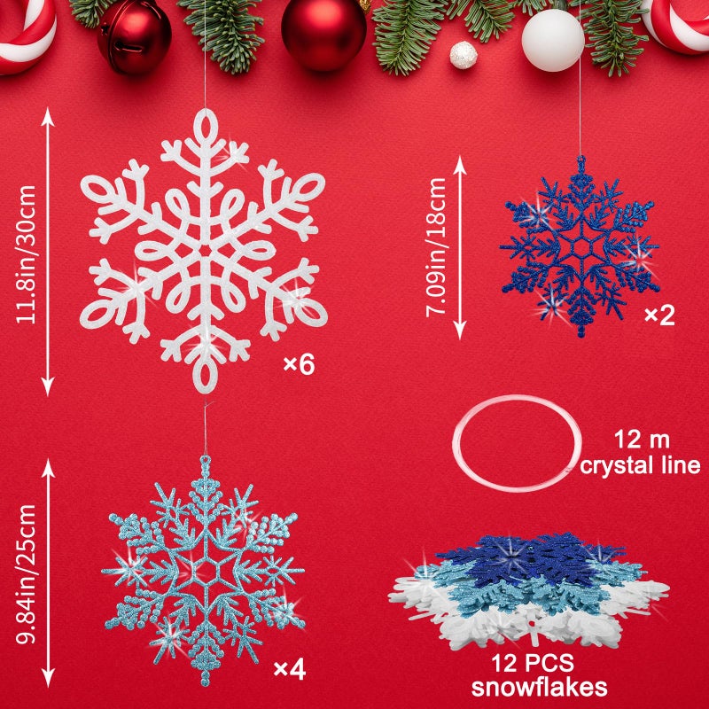 YOTNUS 12 PCS 11.8 Inch Large Snowflakes Ornaments - Outdoor Winter Decor Glitter Giant Hanging Snowflake Decorations for Indoor Outdoor Winter Tree Decorations(White, Blue, Dark Blue) - Image 2
