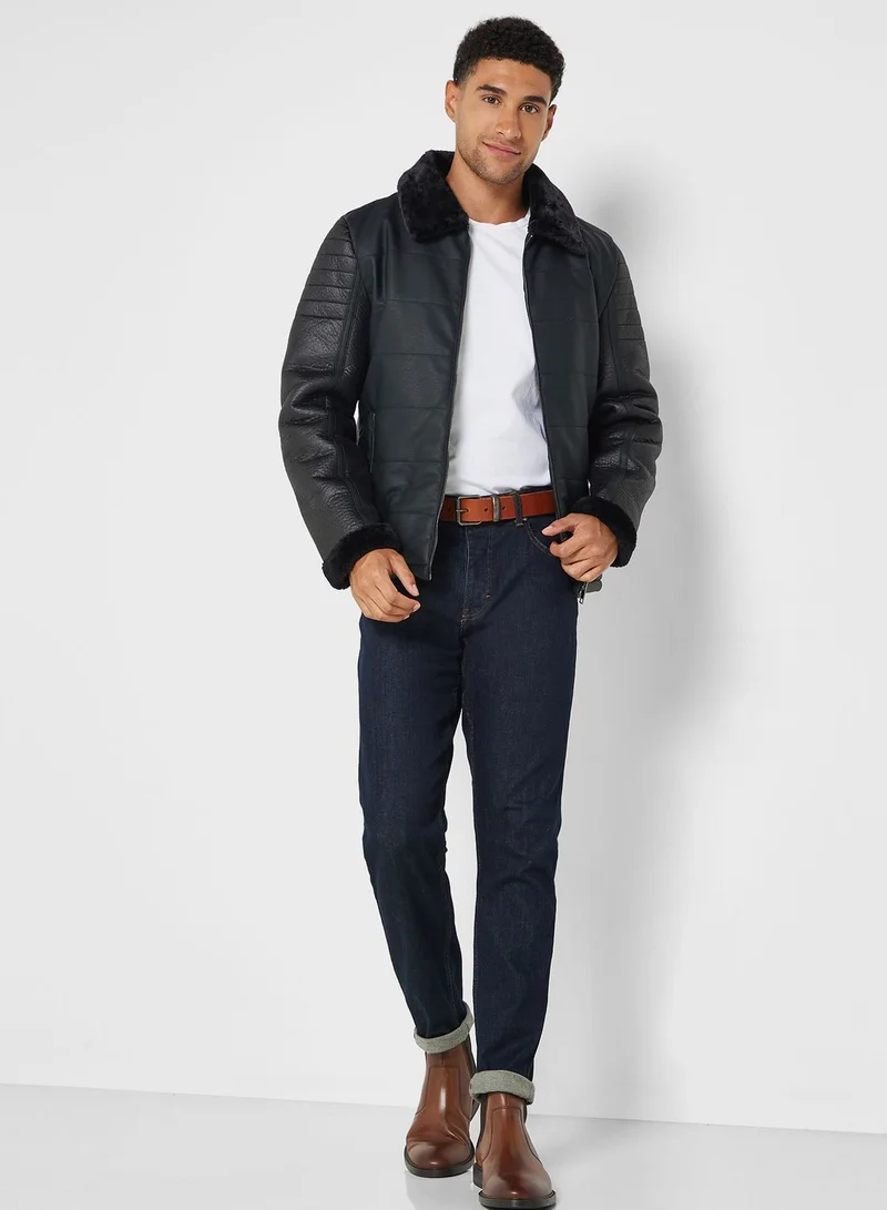 BRAVE SOUL Quilted & Leather Fur Collar Jacket