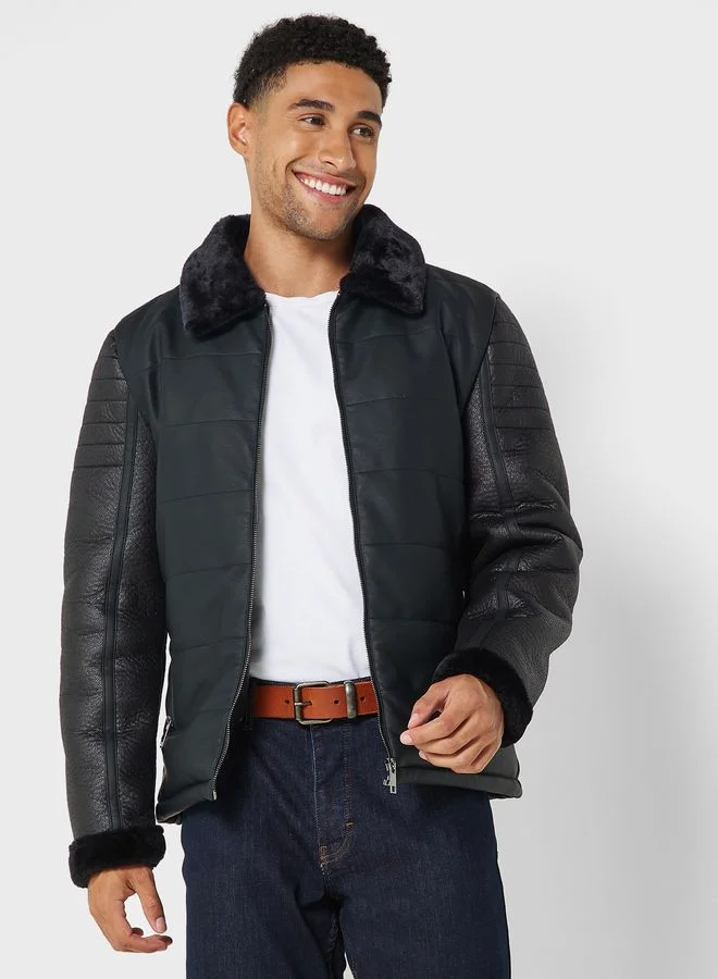 BRAVE SOUL Quilted & Leather Fur Collar Jacket