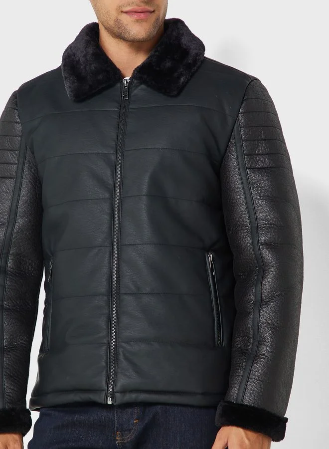 BRAVE SOUL Quilted & Leather Fur Collar Jacket
