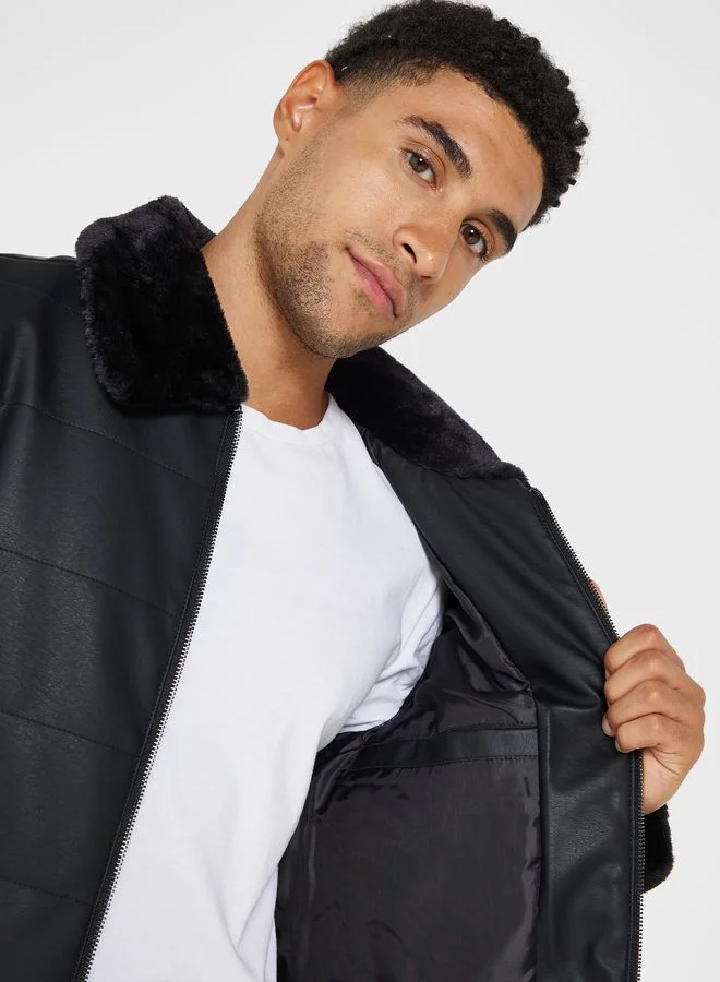 BRAVE SOUL Quilted & Leather Fur Collar Jacket