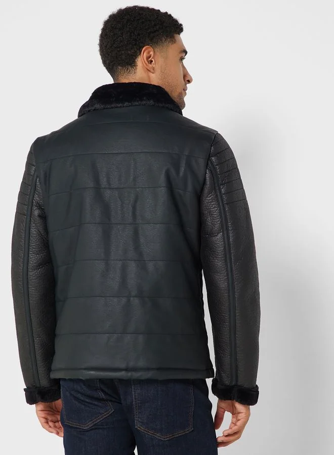 BRAVE SOUL Quilted & Leather Fur Collar Jacket