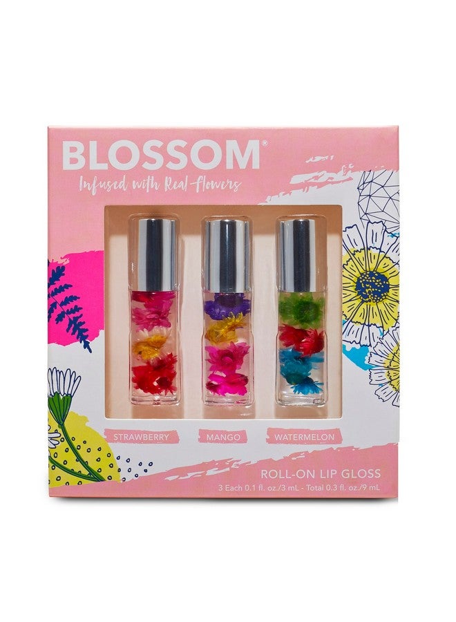 Blossom Roll on Lip Gloss, Scented Clear High Shine Moisturizing Lip Oil, Non Sticky, Infused with Real Flowers, Made in USA, 0.3 fl. oz./9ml, 3 pack Mini Gift Set, Strawberry, Watermelon, Mango - Image 1