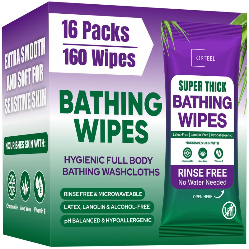 OPTEEL Super Thick Bathing Wipes for Adults Bathing No Rinse â€“ Full Body Shower Wipe, Ideal for Men, Women & Elderly â€“ Extra Large & Soft Travel Wipes Perfect Alternative to Shower â€“ 16 Packs (160ct) - Image 1