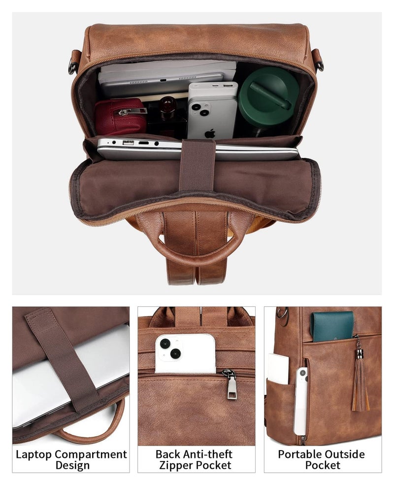 FADEON Leather Laptop Backpack for Women Designer 15.6 inch PU Laptop Bag, Ladies Travel Computer Work Backpack Brown - Image 4