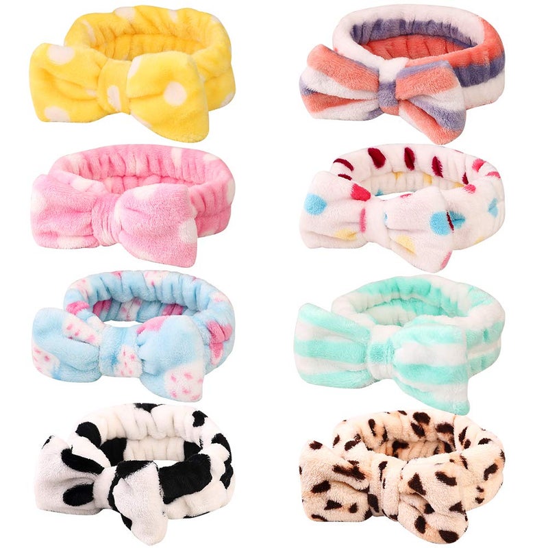8 Pack Spa Bow Headbands Coral Fleece Makeup Cosmetic Headband for Washing Face Shower Terry Cloth Hair Band for Women Facial