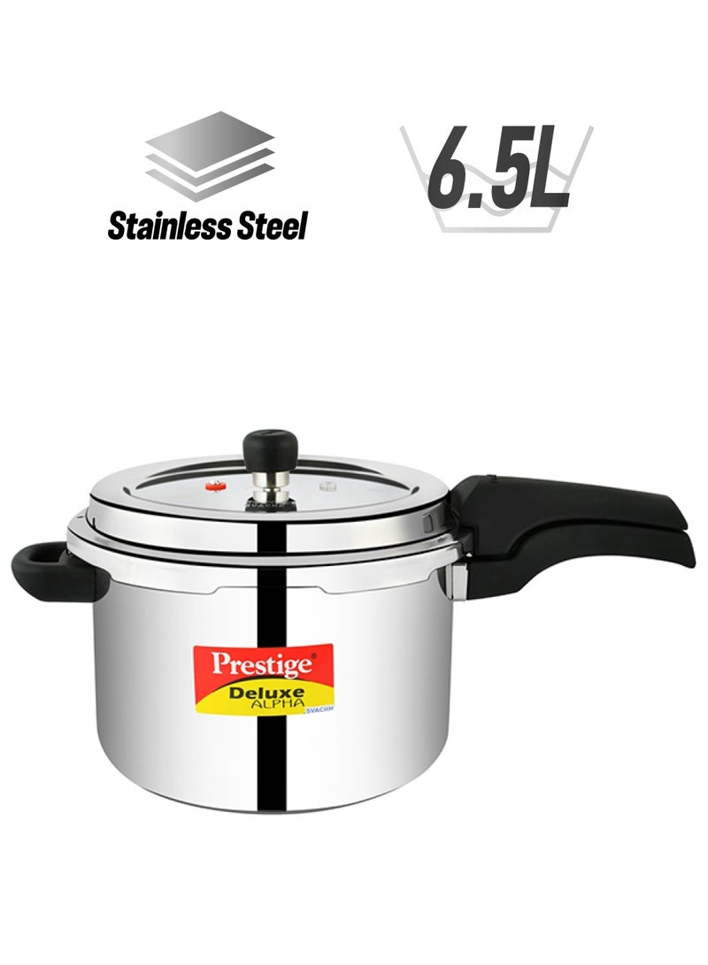 Prestige Deluxe Alpha Svachh Stainless Steel Pressure Cooker | Sturdy Handles | Cool Touch Weight | Induction Compatible Silver 6.5Liters - Image 1