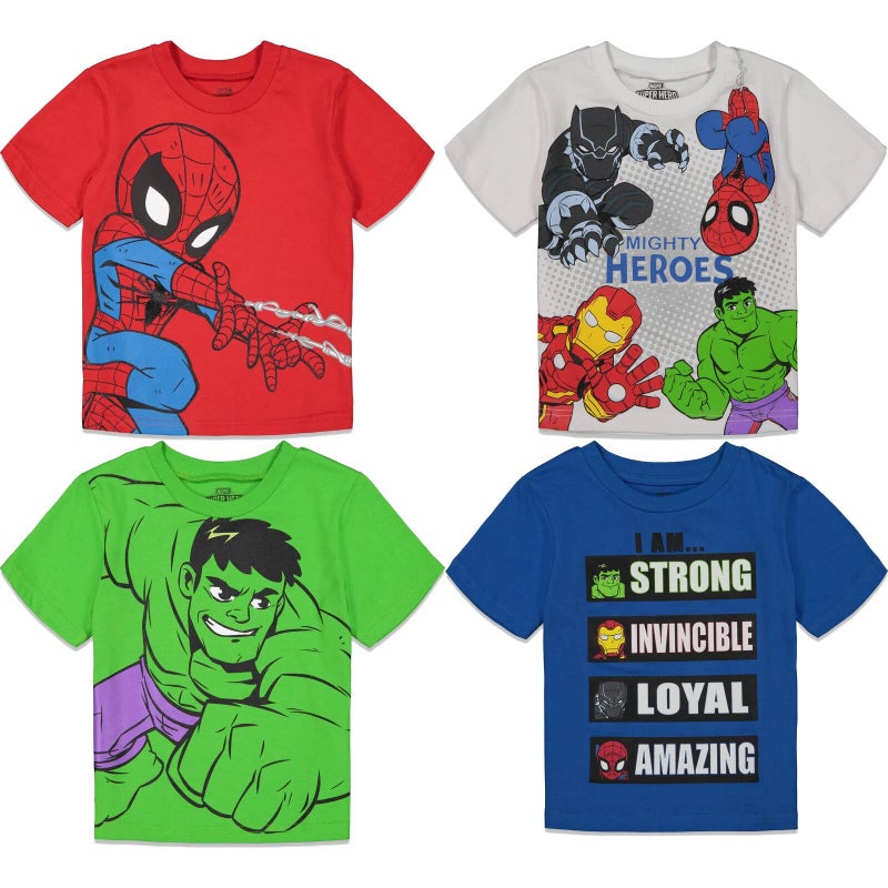 Marvel Avengers Super Hero Adventures Spider-Man Hulk Iron Man Toddler Boys 4 Pack Graphic T-Shirts 3T - Image 1