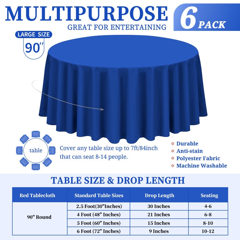 Showgeous 6 Pack Royal Blue Round Tablecloth 90 Inch Round Table Cloth Washable Polyester Tablecloths for Round Tables Decorative Fabric Round Table Cover for Dining Wedding Party Banquet Buffet - Image 2