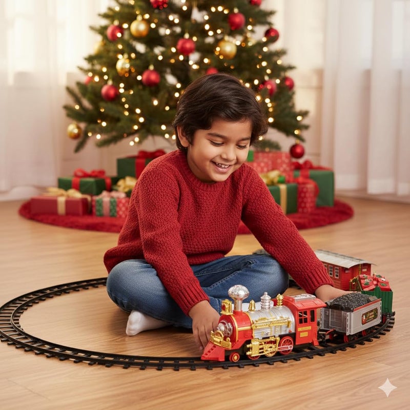 Storio مجموعة قطار عيد الميلاد للأطفال مع دخان حقيقي، ضوء وموسيقى، مجموعة سكة حديد كهربائية تعمل بالبطارية، لعبة قطار موسيقية للأولاد والبنات، هدية تعليمية لبناء المسار DIY للأطفال من 3 سنوات فما فوق - Image 3
