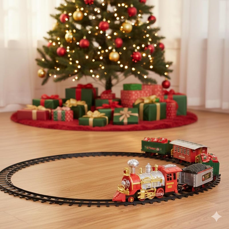 Storio مجموعة قطار عيد الميلاد للأطفال مع دخان حقيقي، ضوء وموسيقى، مجموعة سكة حديد كهربائية تعمل بالبطارية، لعبة قطار موسيقية للأولاد والبنات، هدية تعليمية لبناء المسار DIY للأطفال من 3 سنوات فما فوق - Image 2