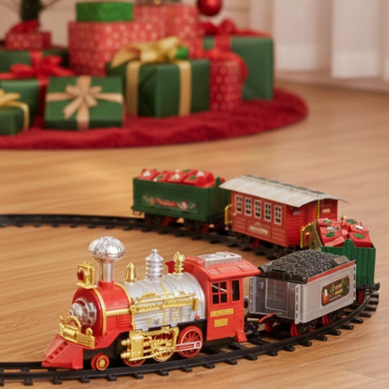 Storio مجموعة قطار عيد الميلاد للأطفال مع دخان حقيقي، ضوء وموسيقى، مجموعة سكة حديد كهربائية تعمل بالبطارية، لعبة قطار موسيقية للأولاد والبنات، هدية تعليمية لبناء المسار DIY للأطفال من 3 سنوات فما فوق - Image 1