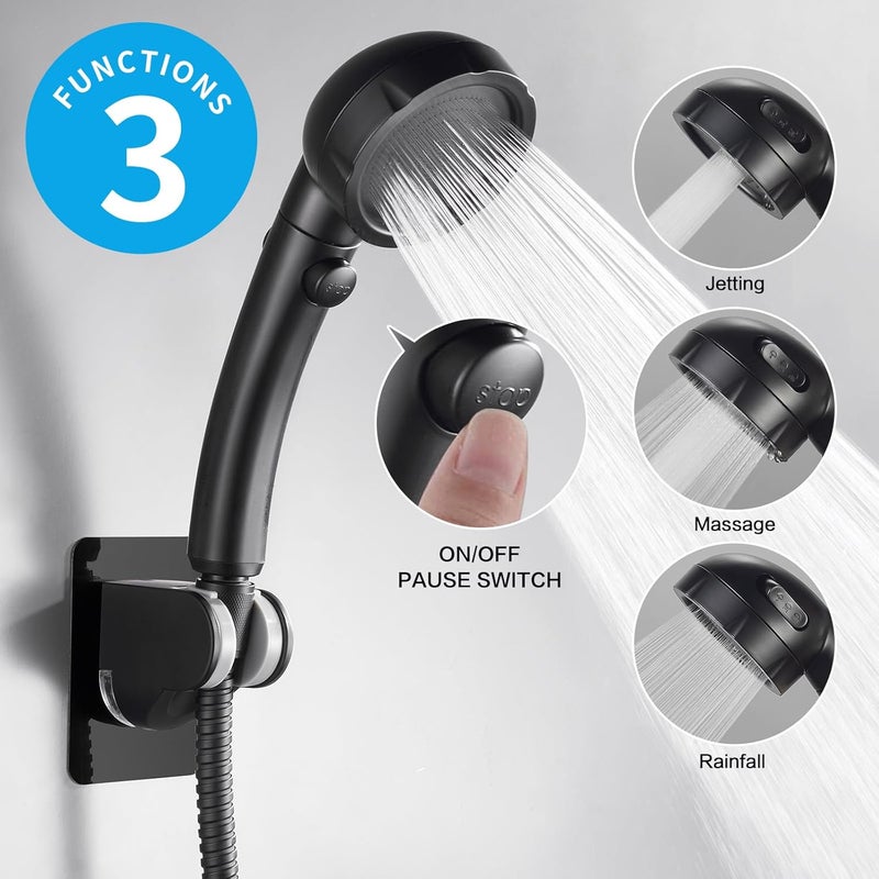 KAIYING Drill-Free High Pressure Handheld Shower Head with ON/OFF Pause Switch 3 Spray Modes Water Saving Showerhead, Detachable Puppy Shower Accessories (N:Shower Head (Black)+Bracket+Hose) - Image 2