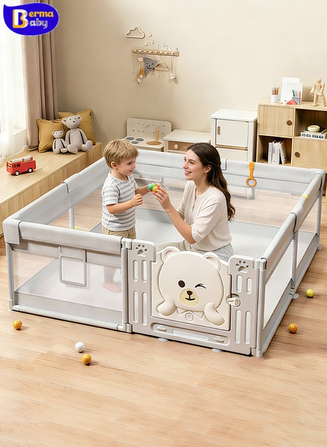 Berma Baby قفص لعب للأطفال الصغار والرضع، ساحة لعب كبيرة جدًا للأطفال، مركز أنشطة للأطفال داخليًا وخارجيًا مع قاعدة مضادة للانزلاق، ساحة لعب مع شبكة ناعمة قابلة للتنفس، منطقة لعب سياج للأطفال (180 * 200 سم -B) - Image 1