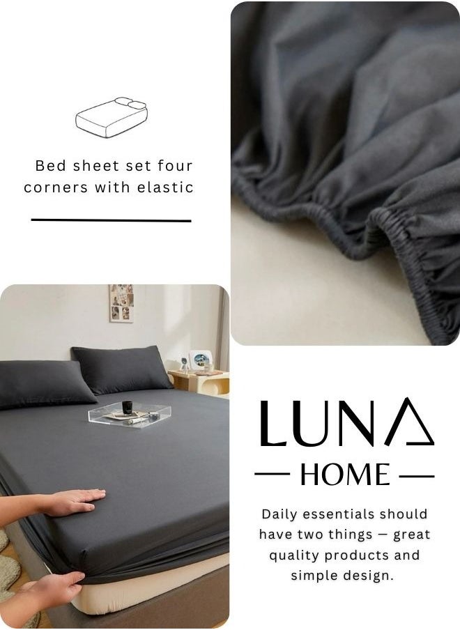 LUNA Home - 3 Pieces Fitted Bedsheet Set Plain Black - Image 1