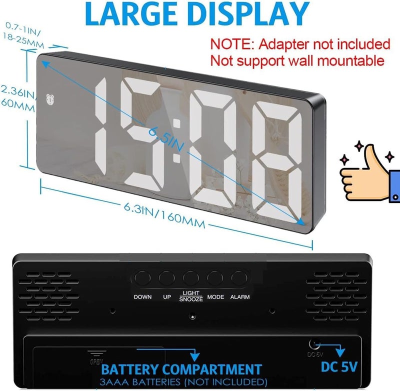 AMIR Digital Alarm Clock, Mirror Clock, LED Clock for Bedroom, Electronic Desktop Clock with Temperature Display, Adjustable Brightness, Voice Control, 12/24H Display for Bedroom, Kids, Elder - Image 3