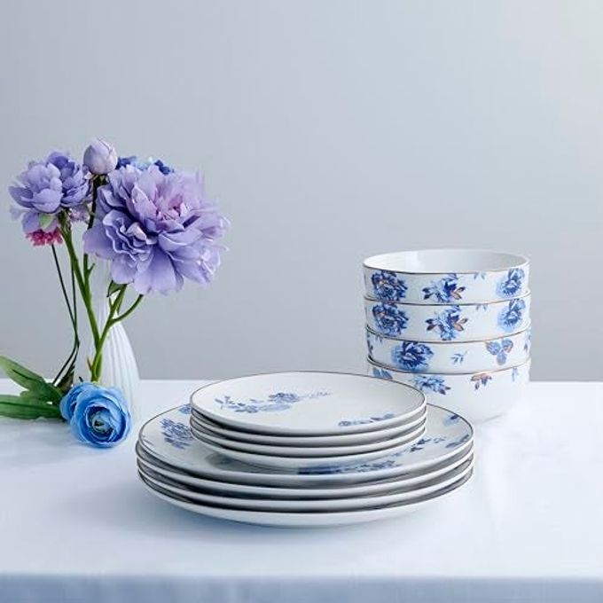 Viola 12-Piece Dinnerware Set Porcelain, Plates And Bowls Set, Dish Set For 4, Microwave And Dishwasher Safe, Blue - Image 3