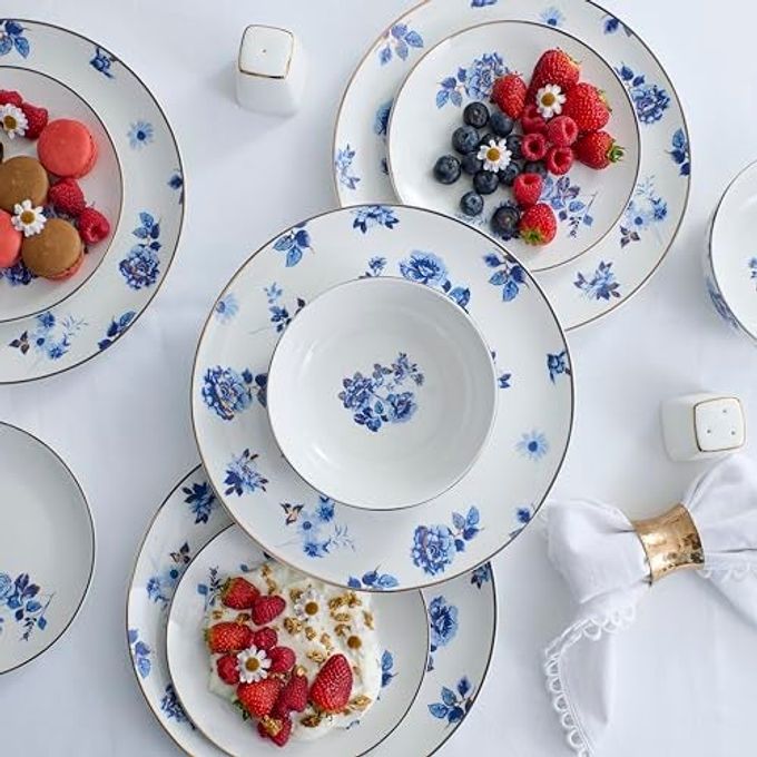 Viola 12-Piece Dinnerware Set Porcelain, Plates And Bowls Set, Dish Set For 4, Microwave And Dishwasher Safe, Blue - Image 2