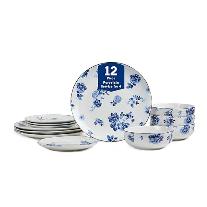 Viola 12-Piece Dinnerware Set Porcelain, Plates And Bowls Set, Dish Set For 4, Microwave And Dishwasher Safe, Blue - Image 1
