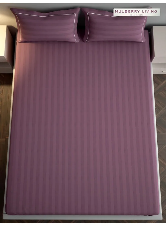 MULBERRY LIVING 100% Cotton - 300Tc Elysian Stripes King Size (260X280  Cms) Flat Bedsheet With 2 Pillow Covers (50X75 Cm) - Plum