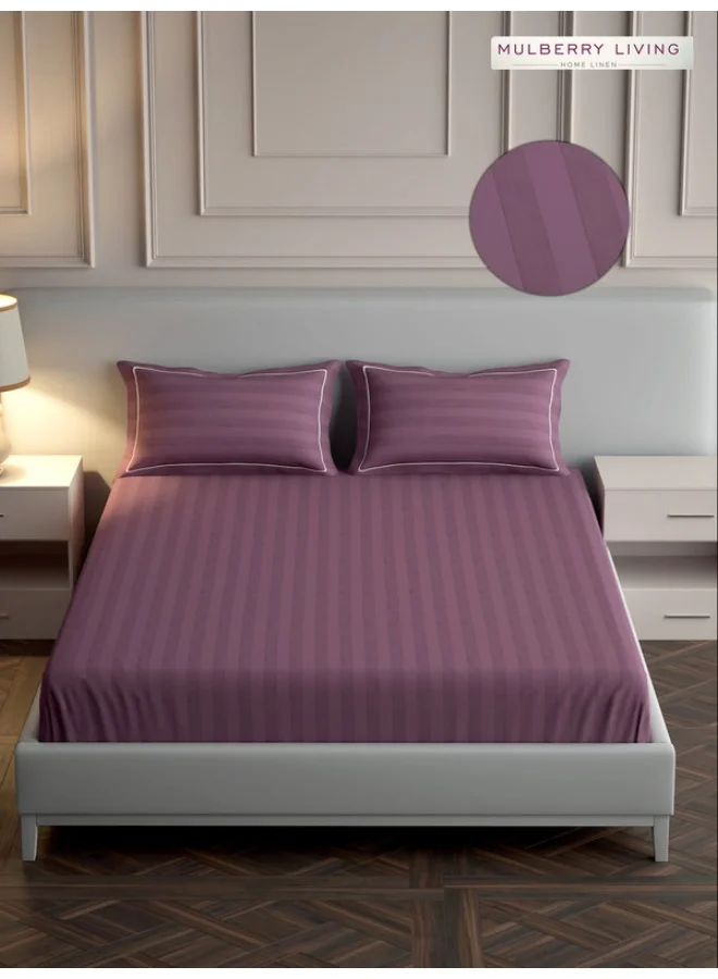 MULBERRY LIVING 100% Cotton - 300Tc Elysian Stripes King Size (260X280  Cms) Flat Bedsheet With 2 Pillow Covers (50X75 Cm) - Plum