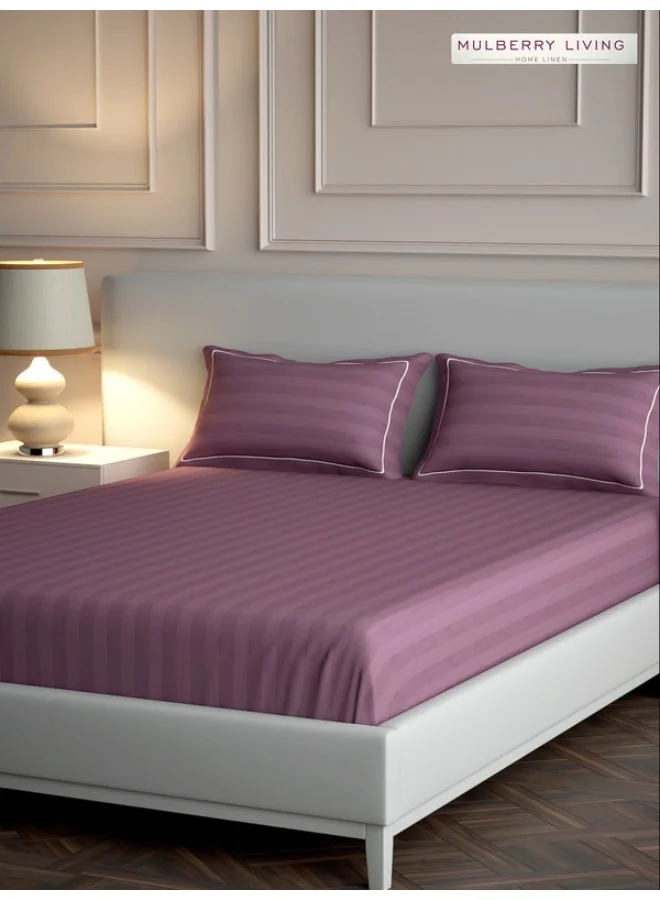 MULBERRY LIVING 100% Cotton - 300Tc Elysian Stripes King Size (260X280  Cms) Flat Bedsheet With 2 Pillow Covers (50X75 Cm) - Plum