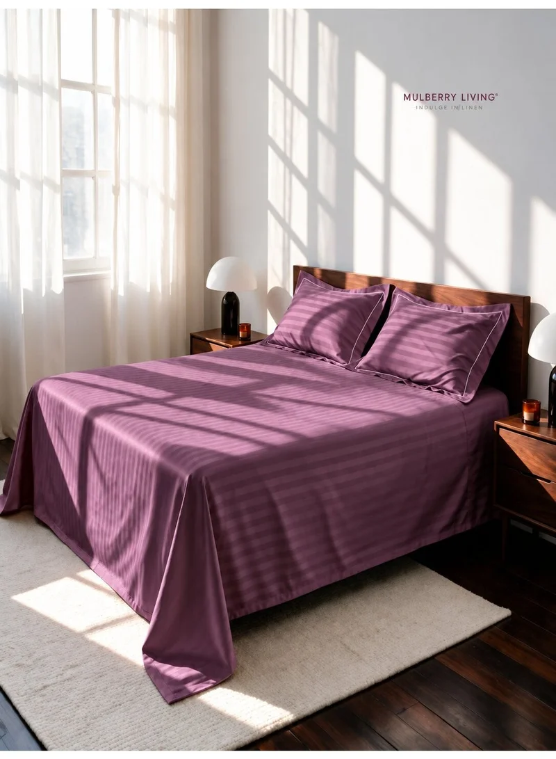 Mulberry Living 100% Cotton King Flat Bedsheet with 2 Pillow covers - 300Tc Elysian Stripes - Plum