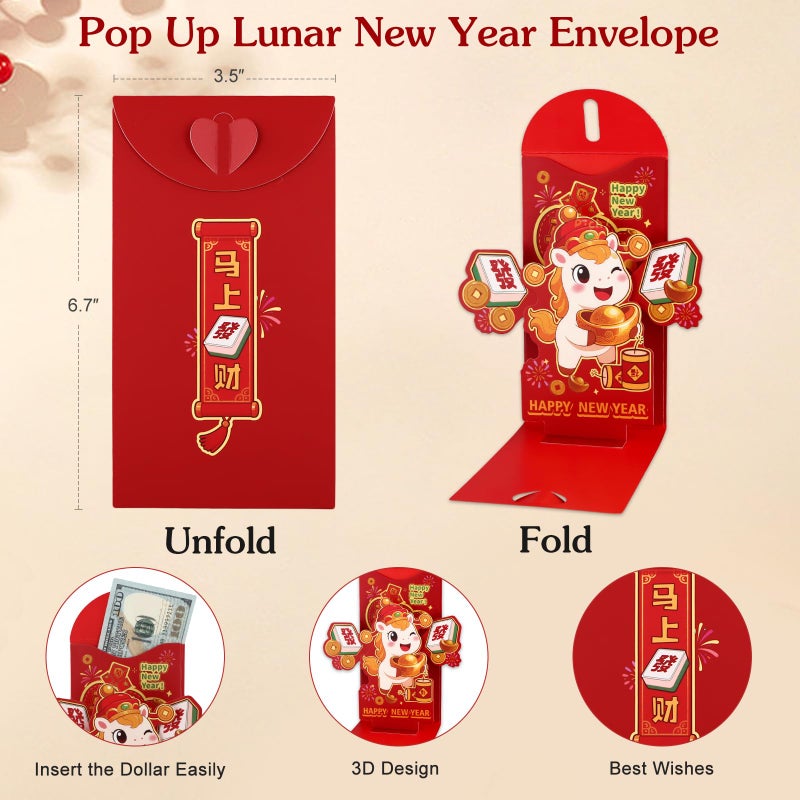 D4DREAM 2026 Year of the Horse Chinese New Year Card & 3D Red Envelope Set - Cute Horse Design, Wish You Prosperity Happy New Year Gift for Family Kids Friends Coworker - Image 3