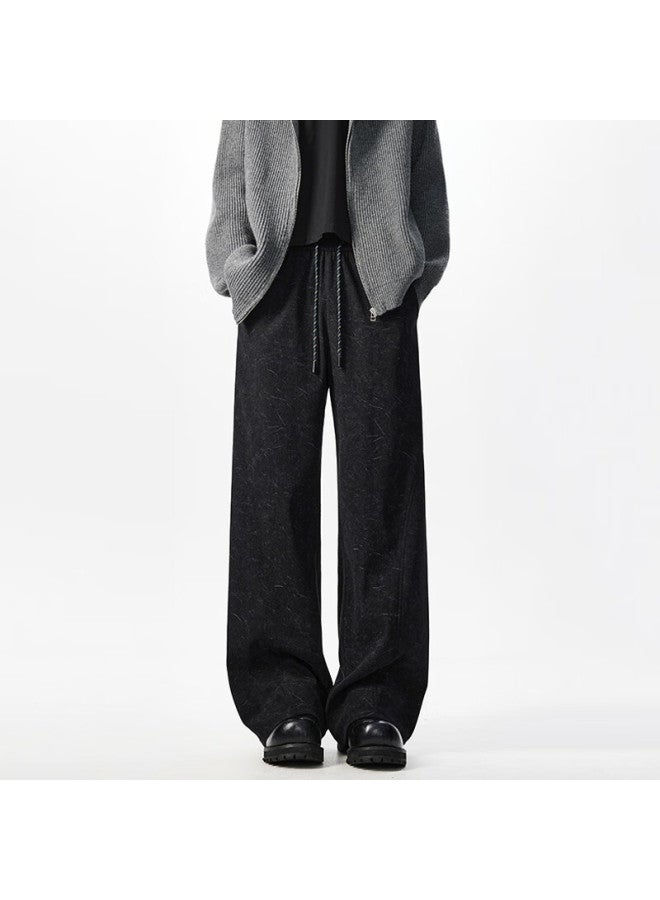 Izexx Men's Dark Pattern Tie-dye Sweatpants Spring Loose Fit Draped Slight Flare Casual American Wide-leg Pants Zjs21 Black XL - Image 5